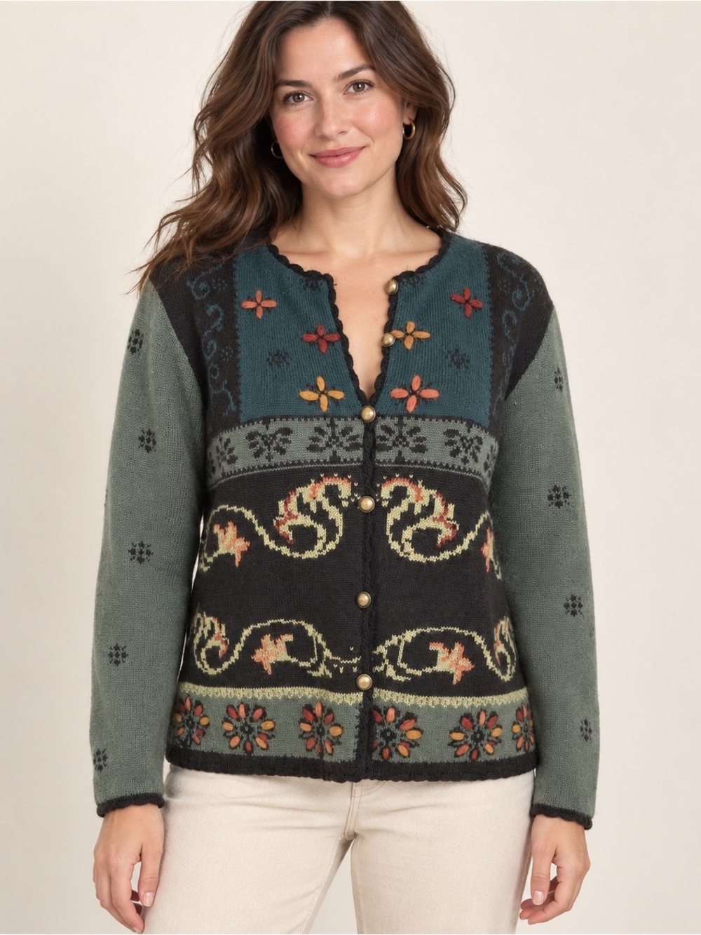 Peruvian Link Alpaca Blend Floral Pattern Button Cardigan